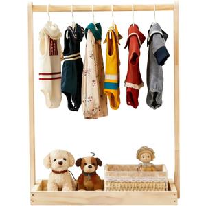 Baby Clothing Rack for Baby Shower, Pets Clothes Rack with Storage Box & Hanging Rod for Dogs Cats Dolls Clothes Display, Mini Baby Shower Crate Closet Rack (Natural)