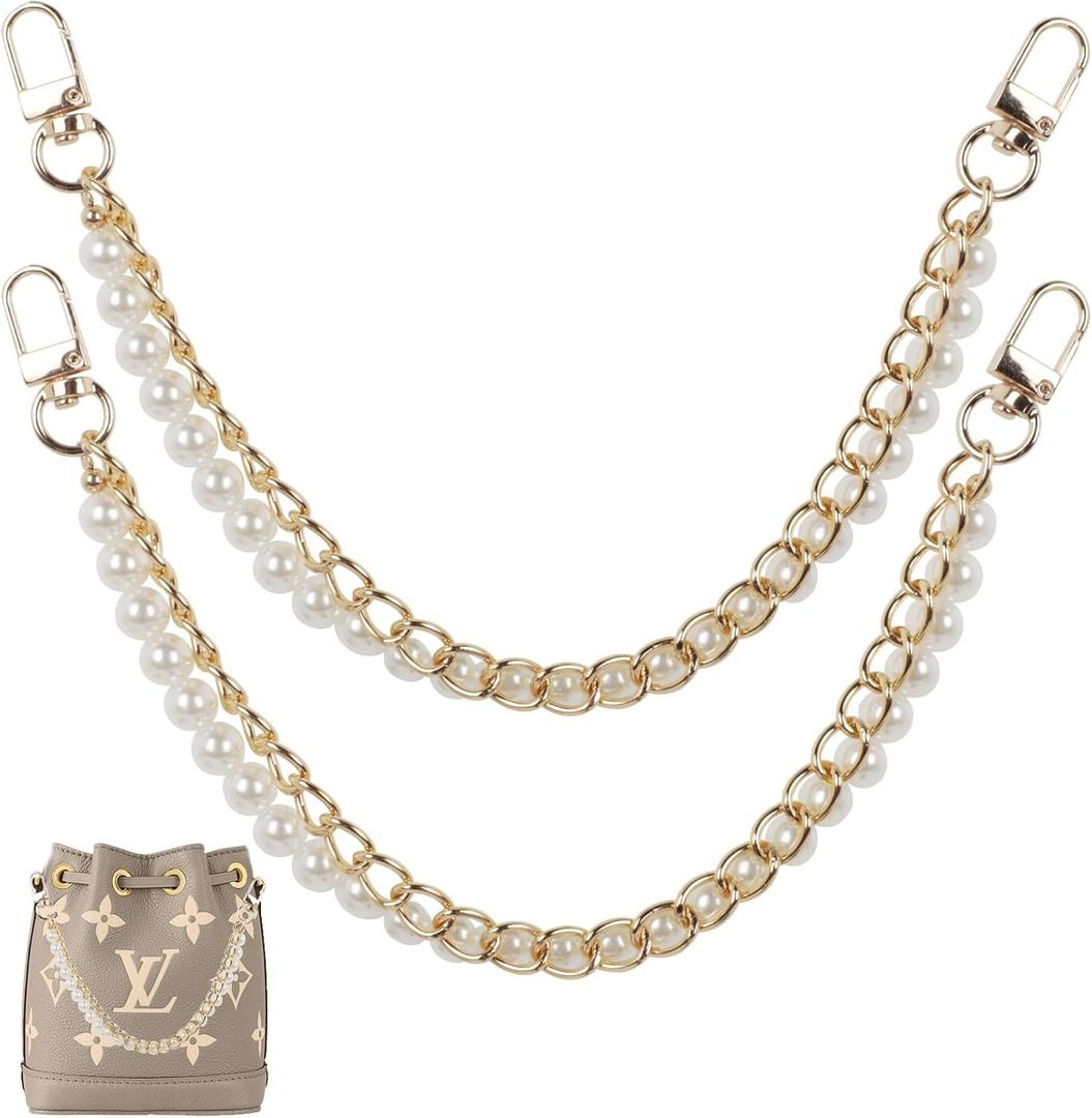 2Pcs Gold Pearl Purse Chain Extender, Elegant Metal Handbag Strap Replacement, Short Handle DIY Accessories for Shoulder Crossbody Bags - Light Gold