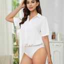 TQD Women Button Down Bodysuit Long Sleeve Collared Shirt Satin Blouse Bodysuits Tops Business Casual Office Professional (White, M)
