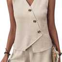HVT Short Sets Women 2 Piece Outfits Button Down V Neck Vest Sleeveless Matching Sets with Pockets Shorts (Beige, S)