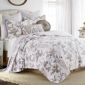 Levtex Home Pisa Reversible Full/Queen Quilt Set (88x92in) with 2 Pillow Shams (26x20in) - Floral Peacock - Grey, Taupe - 100% Cotton Full/Queen Size Quilt Bedding Set - Lightweight, Soft, Pre-Washed