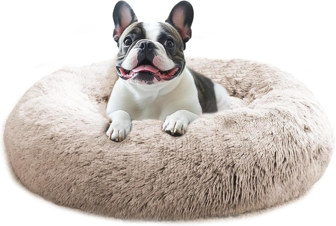 JOLLYVOGUE Calming Dog & Cat Bed for Small Dogs, Anti-Anxiety Donut Cuddler Cozy Soft Round Bed with Anti-Slip Bottom, Fluffy Faux Fur Plush Cushion Beds for Small Medium Dogs (20") (Cream Brown)