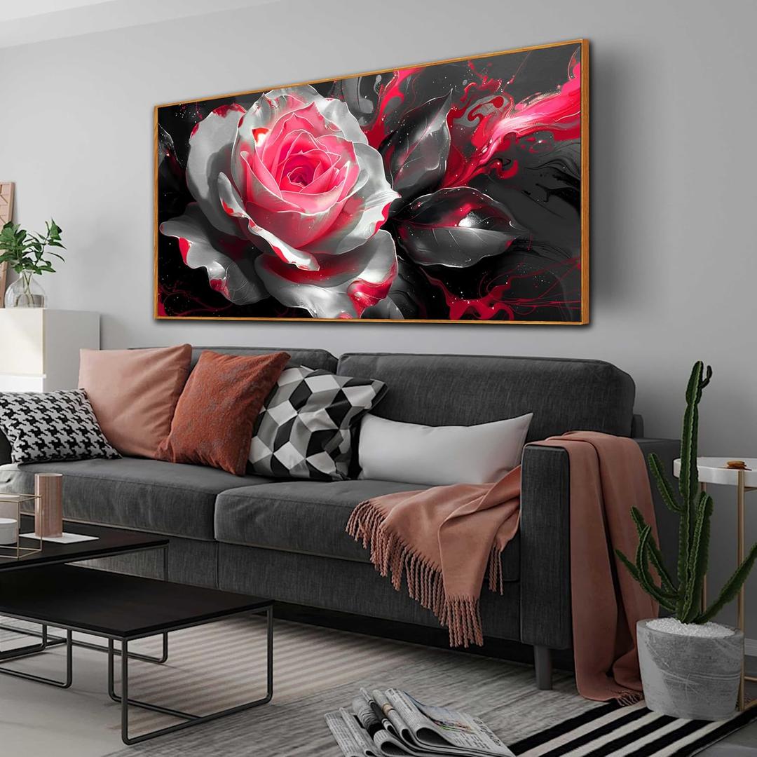 Picture for Living Room Pink Wall Decor Large Framed Black and White Wall Art Artwork Rose Canvas Art 29" x 59"