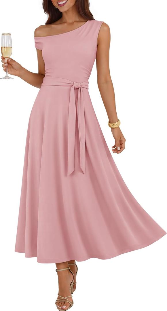 ZESICA Womens Summer Casual One Shoulder Maxi Dress 2026 Sleeveless Wedding Guest Flowy Vacation Dresses with Pockets, Pink, Small