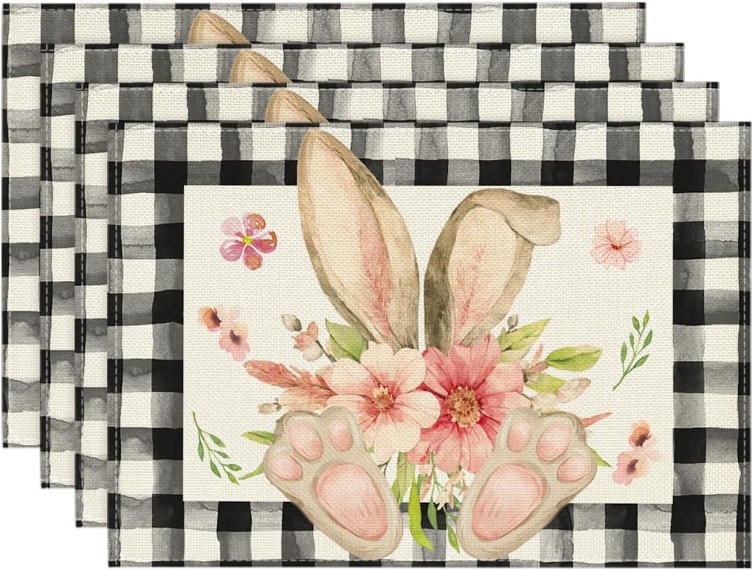 Artoid Mode Buffalo Plaid Bunny Ear Foot Flower Easter Placemats Set of 4, 12x18 Inch Seasonal Spring Table Mats for Party Kitchen Dining Decoration 