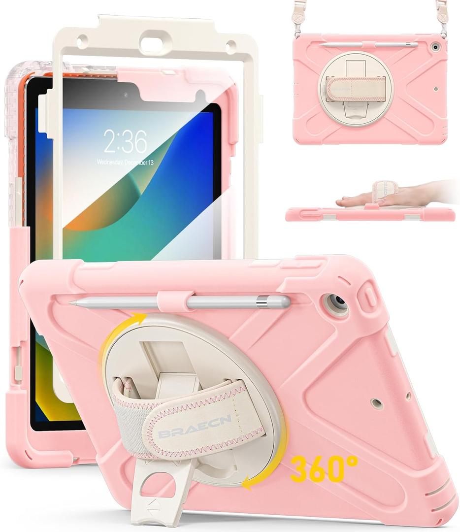 BRAECN Case for ipad 9th/8th/7th Generation 10.2'' Heavy Duty Screen Protector 360 Rotating Stand Handle Pencil Holder Shockproof Drop Protection Shoulder/Hand Strap Durable Kids-Friendly (Sakura Pink)