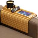 Couch Cup Holder & Bamboo Armrest Tray Foldable Non-Slip Sofa Arm Table for Drinks, Snacks, Remote Control & Phone