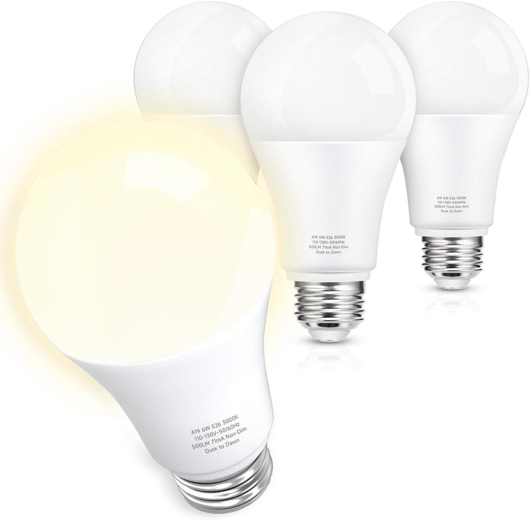 Dusk to Dawn Light Bulbs, 40W Equivalent LED Outdoor Lighting Sensor LED Bulb Warm White 3000K, A19 E26 Base 6W Auto On/Off Night Light Bulbs for Porch Garage Garden Balcony Wall Lighting