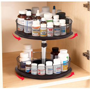 2 Tier Medicine Cabinet Organizer, Rotary Turntable Organizer for Medicine and Vitamin Bottles, Under Sink Organizer for Medicine, Bathroom Cabinet Storage, Tray has Removable Dividers, Easy Assembly