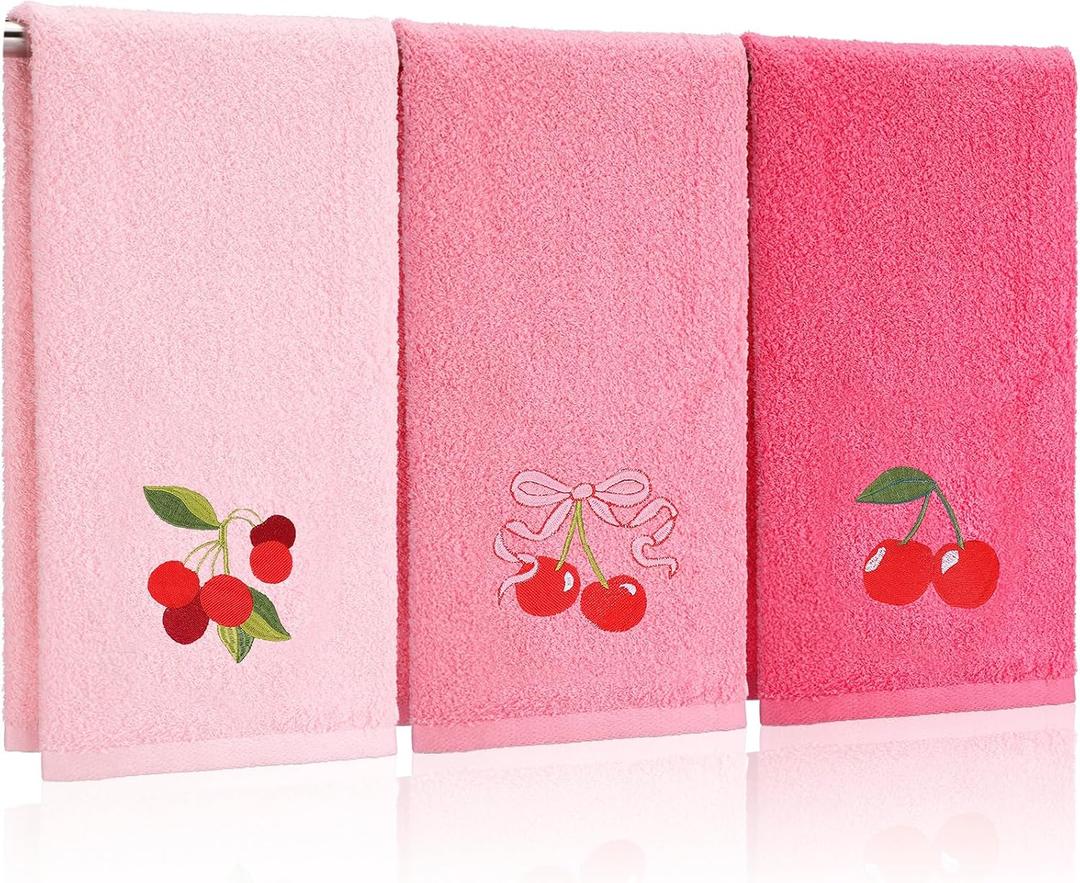 Tingjoo 3 Pcs Cherry Hand Towels 14x29 Inch Spring Summer Pink Preppy Bow Cherries Bathroom Decor Cotton Embroidered Soft Absorbent Towels for Bathroom Kitchen
