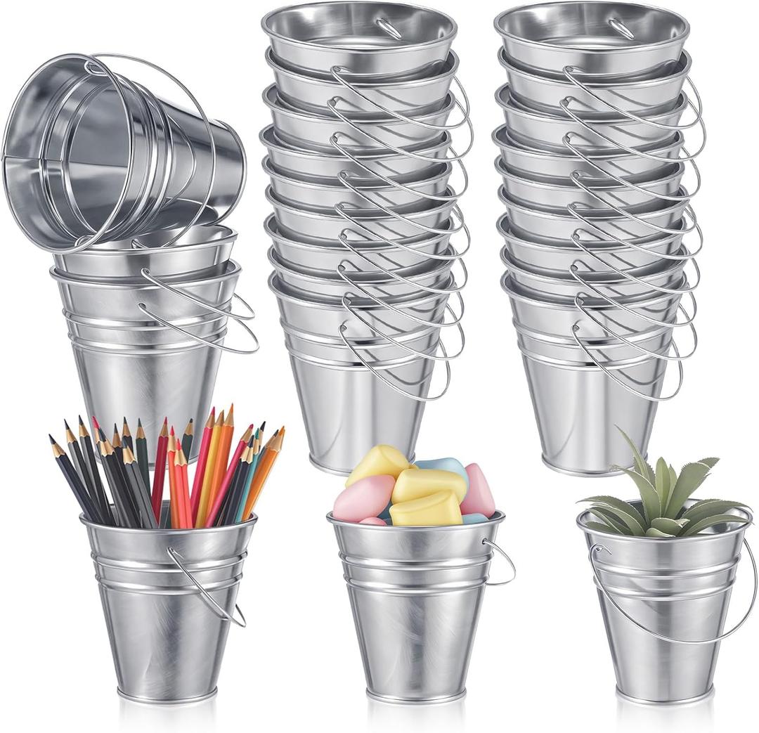 Sadnyy 24 Pcs 3.5 Inch Small Metal Buckets with Handle, Mini Metal Pail Tin Galvanized Pail Container for Crayon Storage Wedding Table Decorations Trick or Treat Flower Plant Party Gift (Silver)