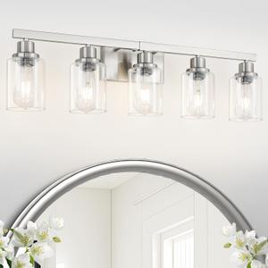 Bathroom Vanity Light, 5-Light Nickel Modern Matte Wall Sconce Lighting with Clear Glass Shade, Wall Lights,Bath Vintage Wall Mounted Lamps for Mirror Bedroom Living Room