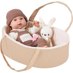 12" Baby Dolls with Carrier Bassinet,Newborn Alive Doll with Accessories and Knit Clothes Includes Pacifier,Bunny Toy,First Baby Doll for Toddlers 3 Ages and Up