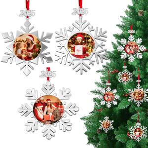 FUNID 12 Sets 2025 Metal Christmas Photo Frame Ornaments Silver Snowflake Frames Hanging Ornament with Pendant Red Ribbon for Christmas Tree Home Winter Party Decorations
