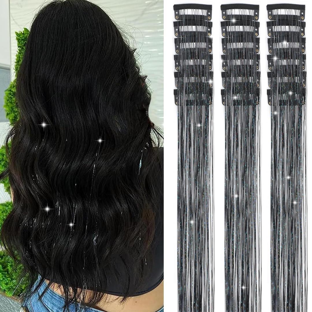 Nineibei Hair Tinsel Clip in Pack of 18 Pcs Glitter Tinsel Hair Extensions 20 Inch Clip in Hair Tinsel Sparkly Fairy Hair Accessories for Girls Women Kids (Black 18Pcs)