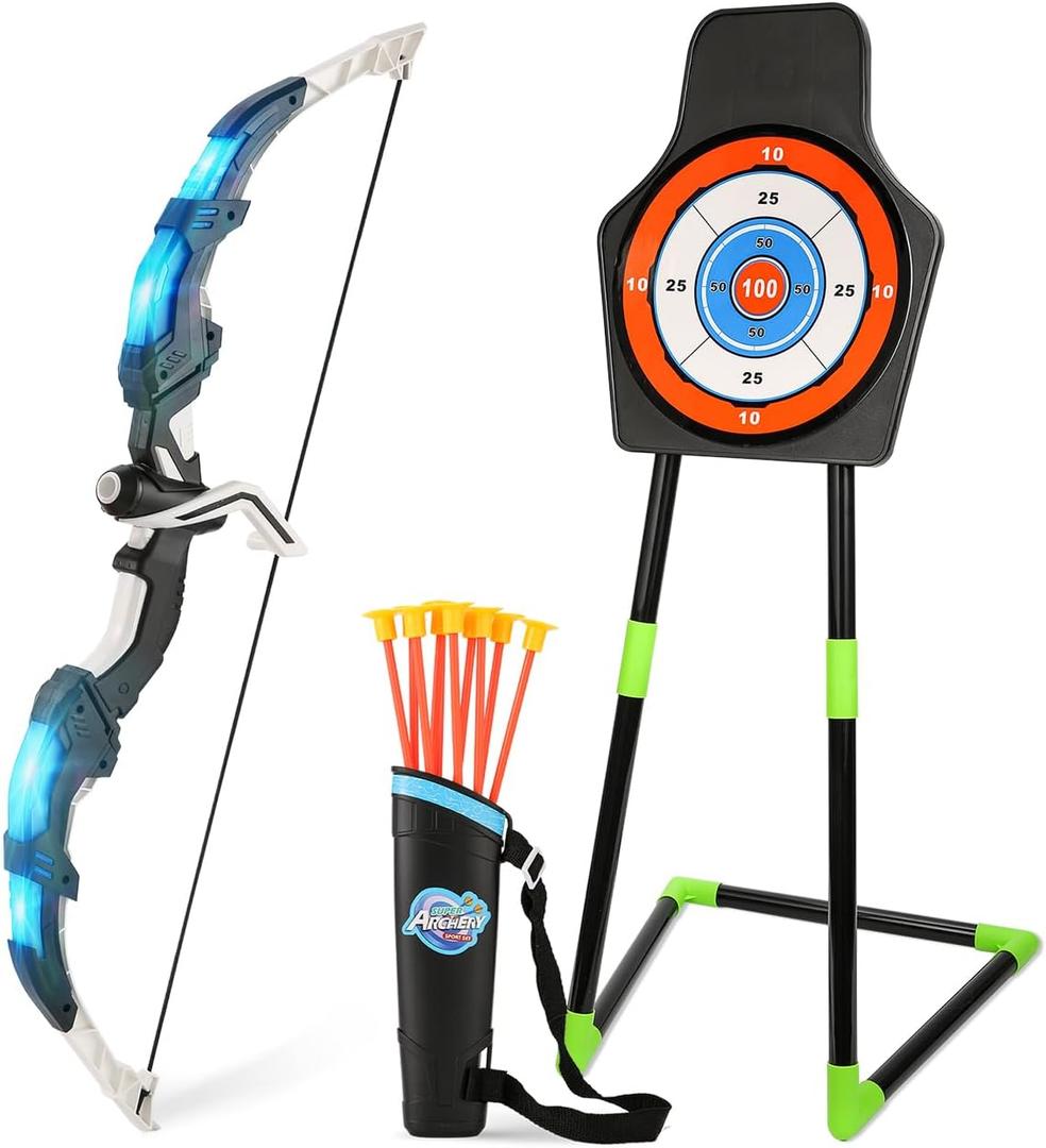Bow and Arrow Set for Kids LED Light Up Archery Set with 10 Suction Cup Arrows Indoor Outdoor Toys with Standing Target & Quiver, Xmas Birthday Gift for Boys Girls Age 4-8 8-12 (1-pack-blue)