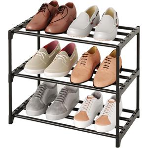 Small Stackable Shoe Rack,Narrow Kids Shoe Stand,Metal Shoe Storage Shelf for 6-8 Pairs of Shoes Entryway and Closet Hallway(3-Tier, Black)