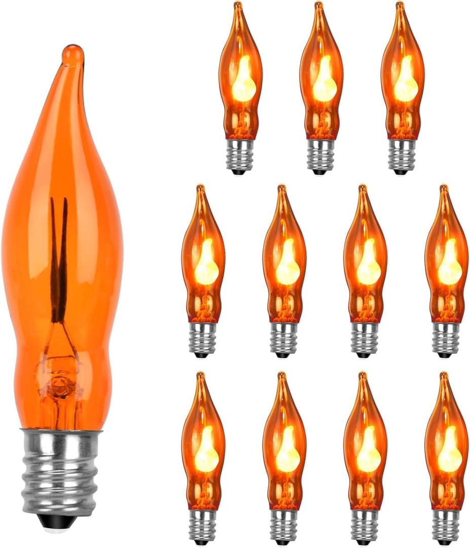 Christmas Orange Flicker Flame Light Bulbs, Crystal Orange Flame Tip Candelabra Replacement Bulbs, Flickering Bulbs Dances with Flame, 1 Watts, E12 Candelabra Base, 12 Pack