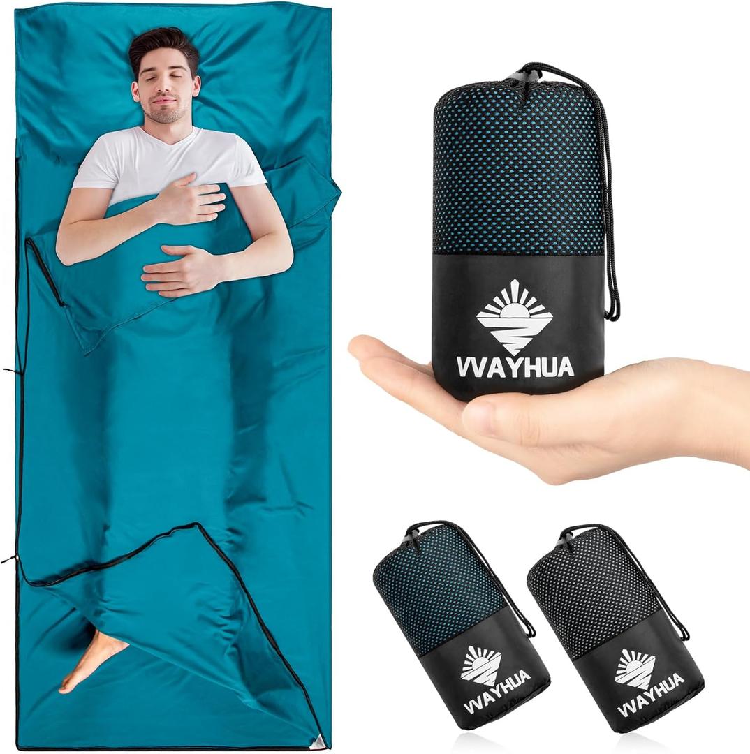 Sleeping Bag Liner, 9.5oz Ultralight Satin Travel Sheets for Hotel with Two Way Zippers, Silky Camping Sheets & Adult Sleep Sack for Backpacking Hiking Business Trips (Blue)