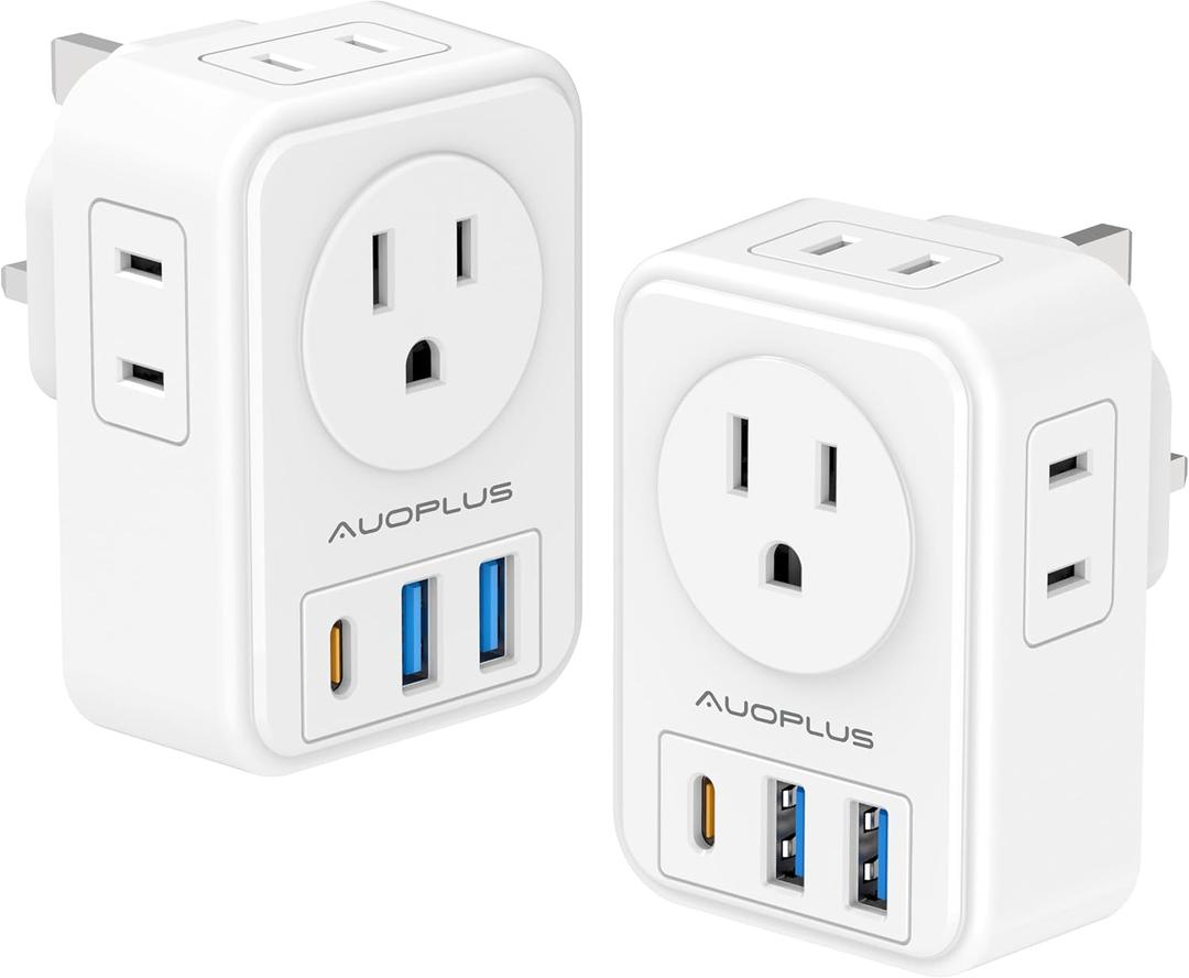 US to UK Plug Adapter 2 Pack, AUOPLUS Type G Ireland Travel Adapter with 4 Electrical Outlets 3 USB Charger, International Power Adapter, Cruise Ship Essentials for USA to Scotland England British