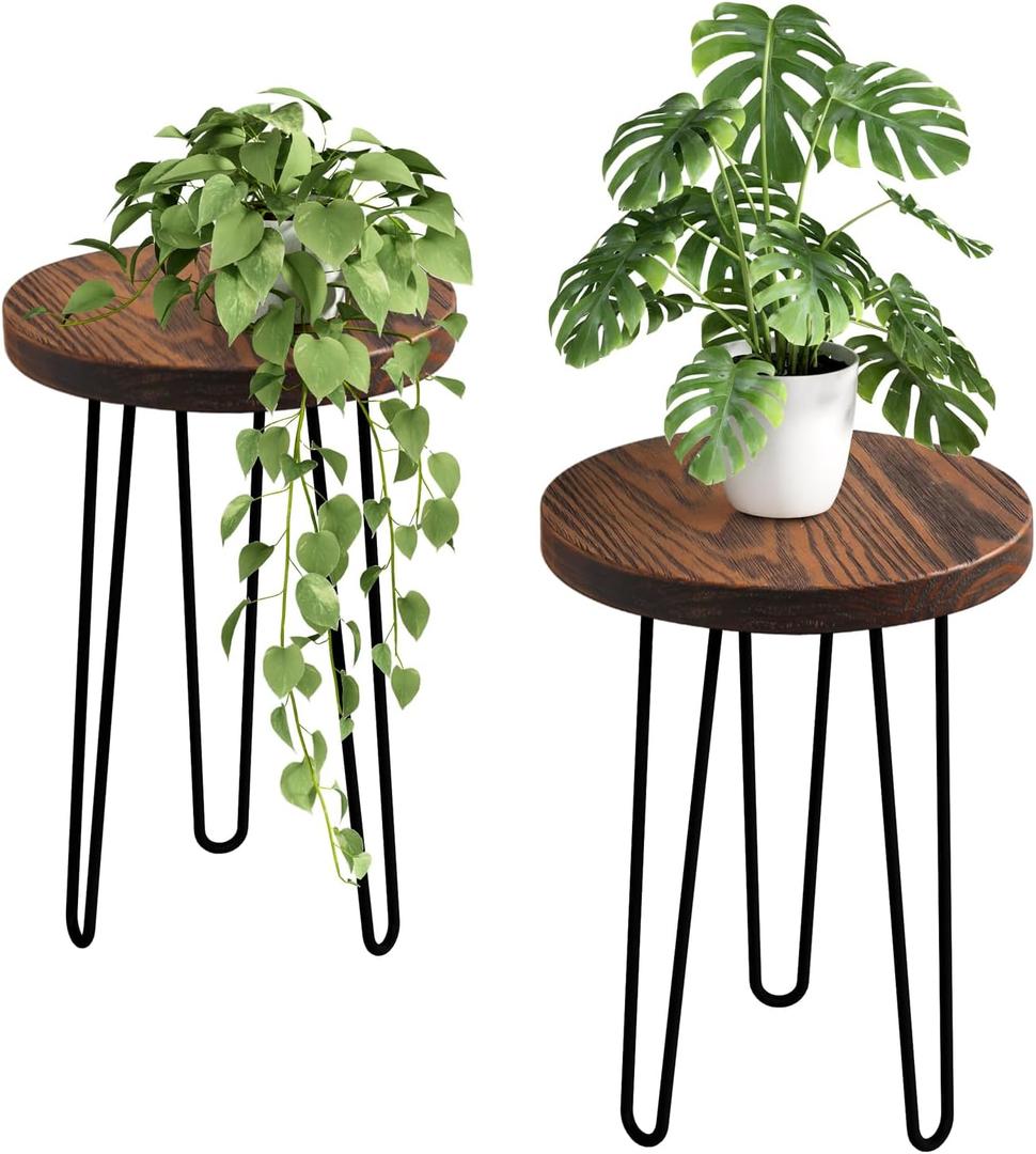 LAPTAIN Plant Stand Indoor, Heavy Duty Tall Flower Pot Stand,Modern Round Small Side End Table, Set of 2, Walnut