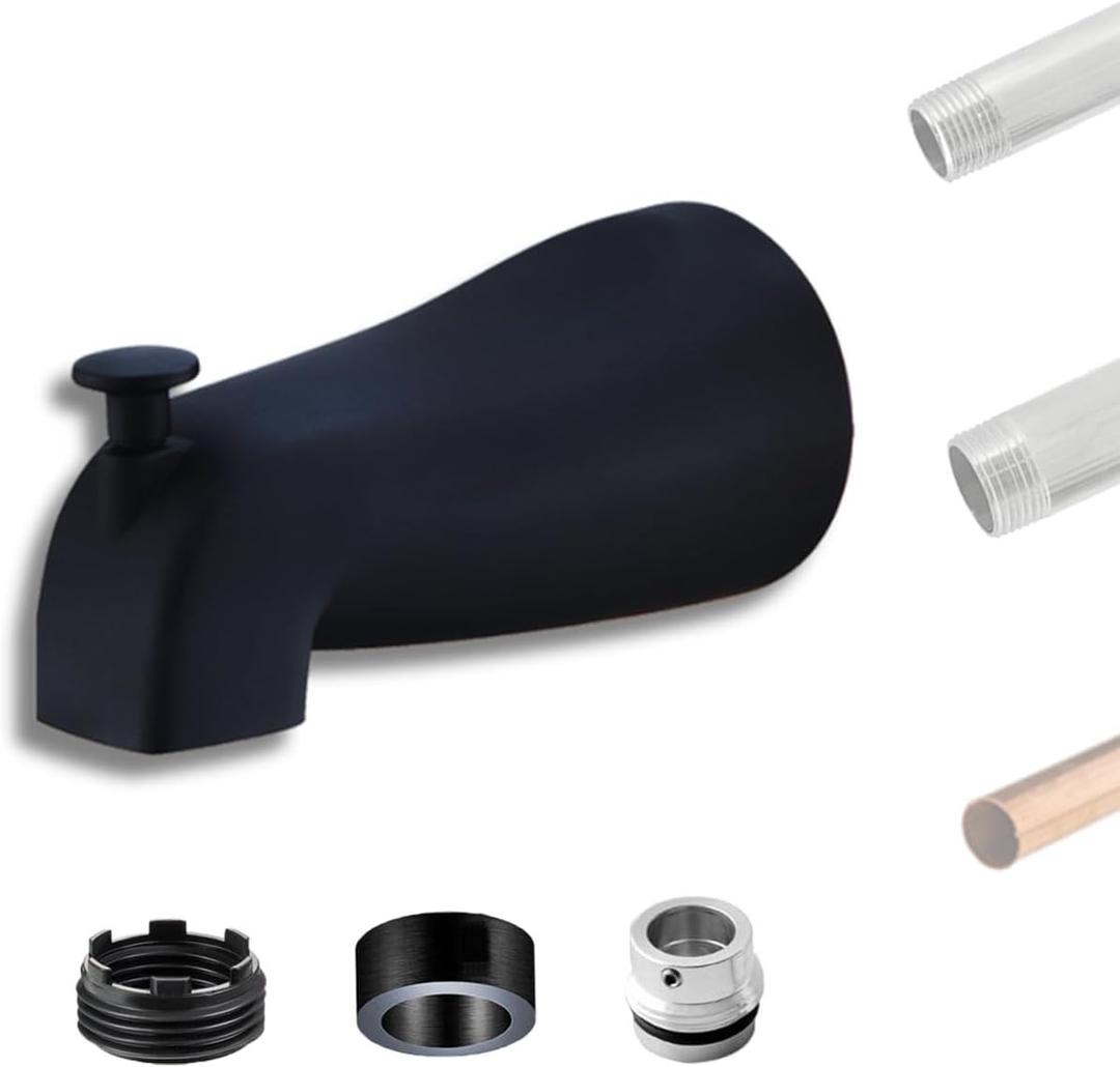 Universal Matte Black Bathtub Tub Spout with Diverter Faucets Fits 1/2" Copper Pipe, 1/2" IPS and 3/4" IPS, Slip Fit for Bathroom with Spigot Threaded Adapters and Hex Wrench