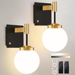 Black Gold Battery Operated Wall Sconce Set of 2, 3000K/4500K/6000K Rechargeable Wall Light with Remote Control, Wireless Wall Lamp with Milk White Glass Lampshades for Living Room, Bedroom 2 Pack