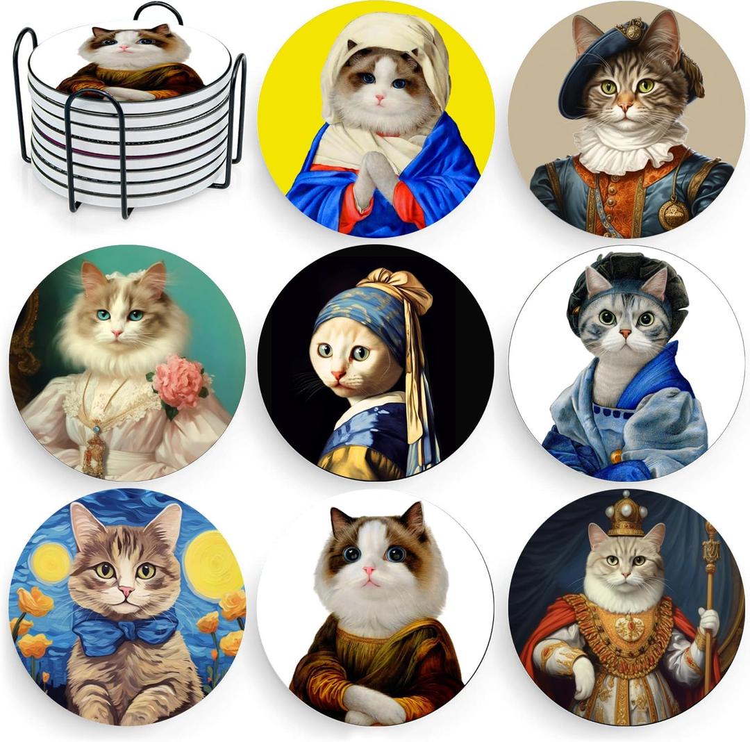 Puraikcmi Cat Lover Coasters Set of 8 with Holder, Ceramic, Multicolor, Funny Cat Designs, Drink Coasters for Table, Office, Desk, Bar, Gift