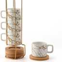 LUKA Porcelain Espresso Cup with Saucer and Metal Stand, 4 Ounce Stackable Ceramic Demitasse Espresso Mugs Cups Set for Latte, Coffee, Cafe Mocha, Tea(Set of 4),Marbling White