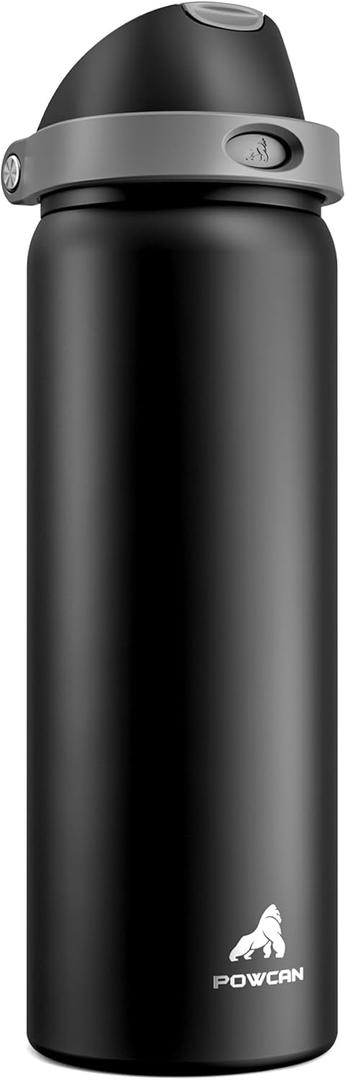 POWCAN 32 oz Stainless Steel Water Bottle for Sports: One-hand Push Button Lid, Leakproof, Keep Cold 24Hrs, Stainless Steel Cup with Straw for Camping, Outdoors, Workout, Travel (Midnight Black)