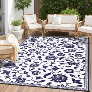 OLANLY Waterproof Outdoor Rug 5x8 ft, Outdoor Plastic Straw Rug with Flower Pattern, Reversible RV Mat for Patio, Camping, Balcony, Deck, Backyard, Navy & White