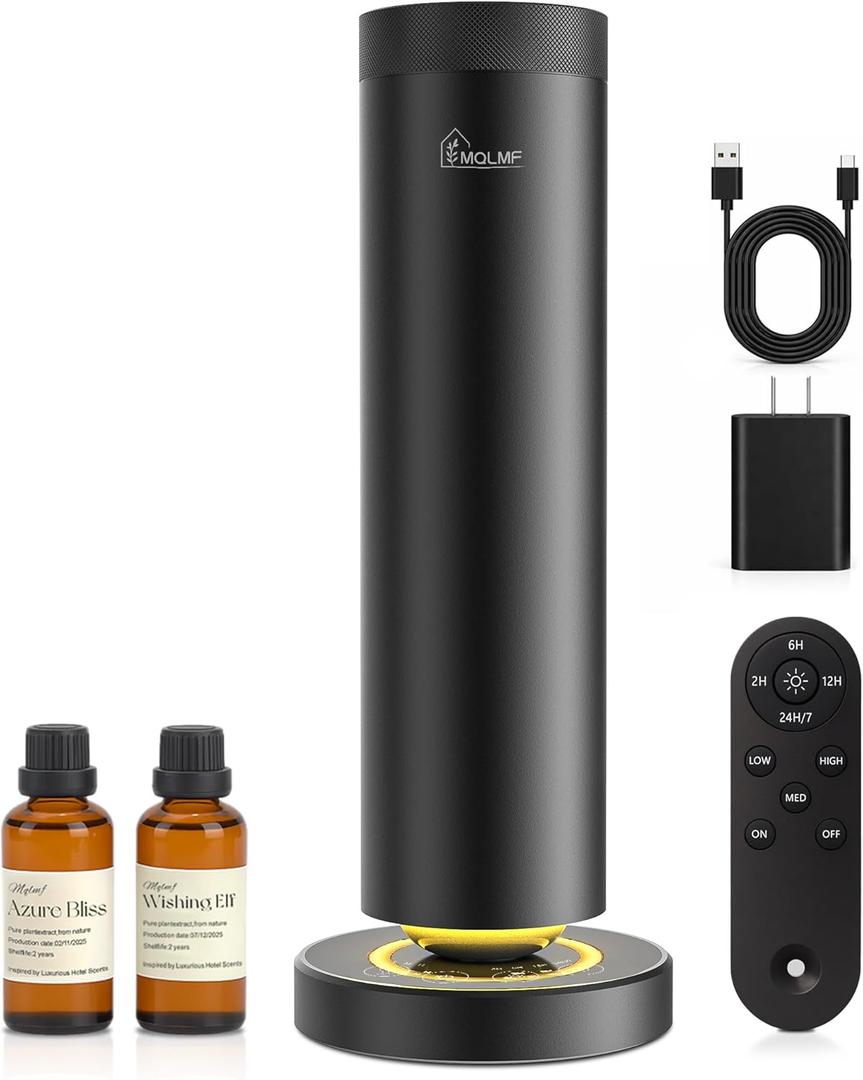 MQLMF Waterless Diffuser,1500 Sq Ft,Ring Ambient Light,Rechargeable Wireless, Aluminum,Remote Control&Touch Buttons,Adjustable Fragrance Intensity&Timer,Hotel Collection Scent Machine  Black