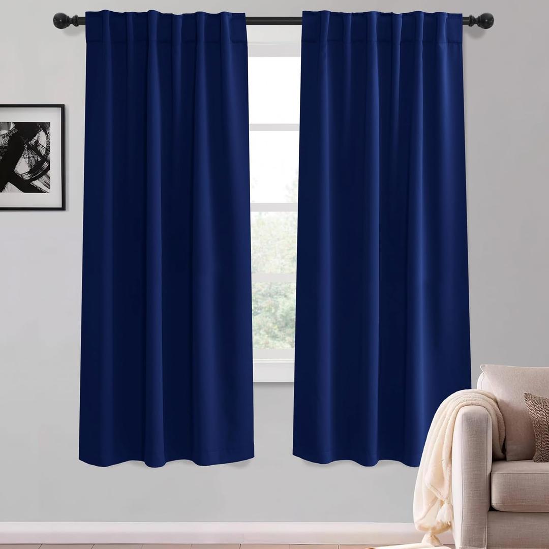 KGORGE Navy Blackout Curtains 63 inch Length, Privacy Room Darkening Rod Pocket and Back Tab Thermal Insulated Light Blocking Curtains for Living Room Bedroom, 52 x 63 Inch, 2 Panels