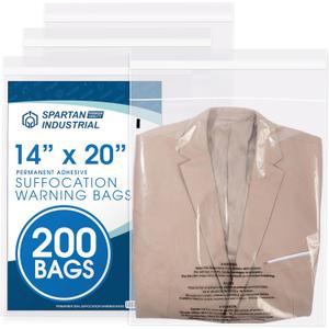 Spartan Industrial - 14 X 20 (200 Count) Self Seal Clear Poly Bags with Suffocation Warning for Packaging, Clothes - Permanent Adhesive