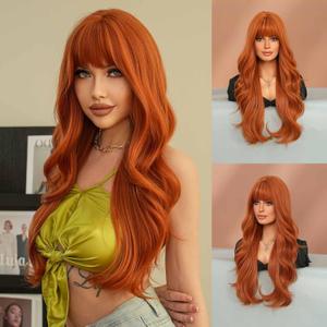 7JHH WIGS Long Wavy Orange Wig 28in Natural Heat Resistant Fiber Synthetic Curly Ginger Cosplay Halloween Wigs with Bangs for Women Girls Daily Party Holiday Festival Chrismas Used
