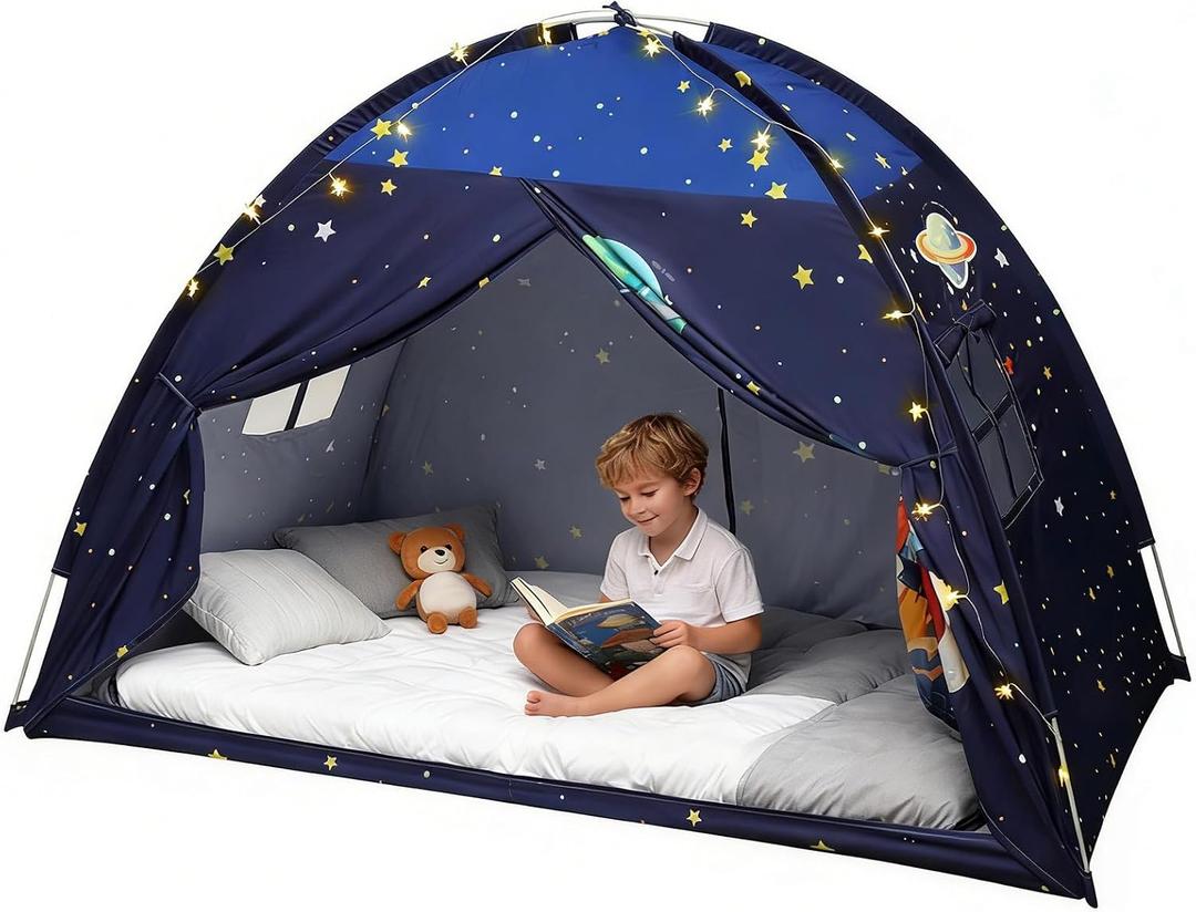 Redants Twin Bed Tent Canopy, Space Indoor Blackout Privacy Toddler Bed Tent for Kids with Light, Portable Sleeping Floor Kids Playhouse (Blue, Twin Size)