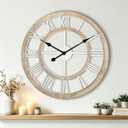 24 Inch Large Rustic Wall Clock Silent Non-Ticking Wooden Wall Clocks with Roman Numerals Farmhouse Decorative Clock for Living Room Bedroom Office (Light Lvory)