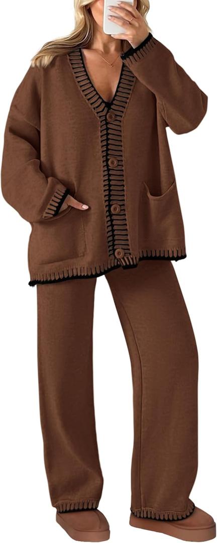 PRETTYGARDEN Women's 2 Piece Outfits Knit Matching Lounge Sets Long Sleeve V Neck Cardigan Sweaters Wide Leg Pants Tracksuits (Coffee, Small)