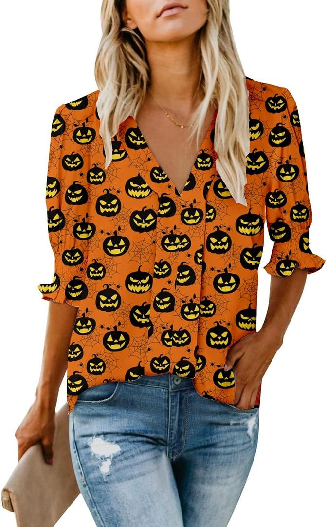 Roshop Valentines Blouses Women's Dressy Tops Smocked Sleeve Deep V Neck Cute Heart Blouse (Black Pumpkin, Small)