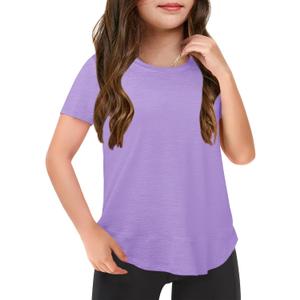 Haloumoning Girls Summer T Shirts Loose Curved Hem Short Sleeve Shirt Athletic Casual Tops Tees 4-14 Years (11-12 Years, Purple)