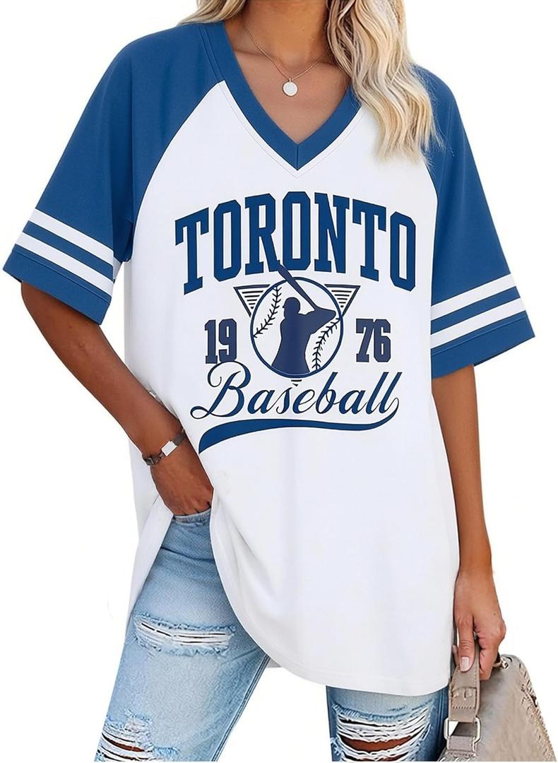 FAYALEQ Women's Vintage Baseball Graphic T-Shirt Retro Baseball Print Tee | Vintage Baseball Shirts for Women Game Day Outfit V Neck Casual Short Sleeve Retro Sports Print Tee for Baseball Fans (M)