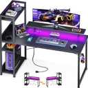 ODK Reversible Gaming Desk with Power Outlets and LED Lights, 48 Inch Computer Desk with Storage Shelves and Monitor Stand, Modern Writing Study Desk for Home Office, Carbon Fiber Black