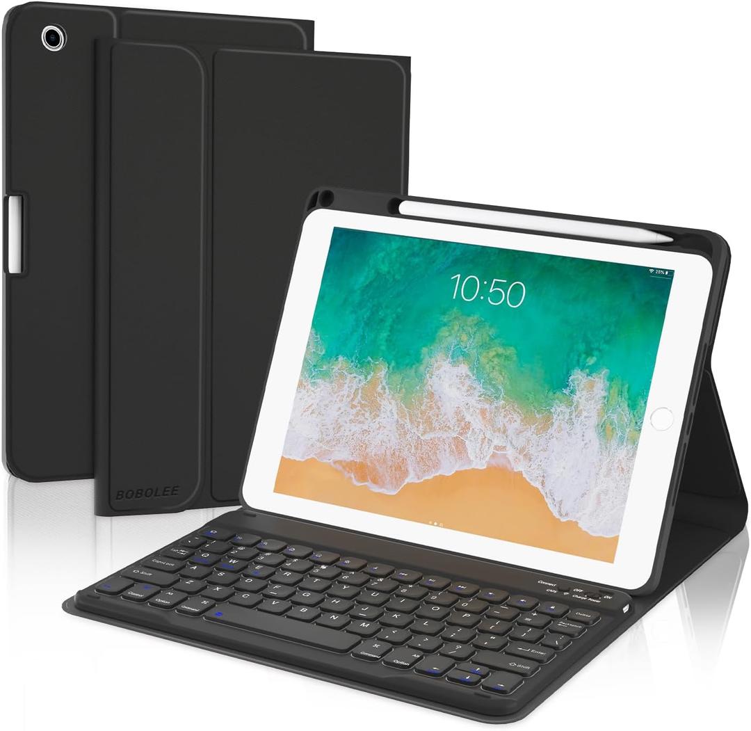 BOBOLEE Keyboard Case for iPad 9.7 inch 6th 2018, 5th Gen. 2017, Air 2 2014 Released, Wireless Detachable Keyboard, Thin Slim Folio Cover Shell with Pen Holder, Auto Sleep Wake, BL