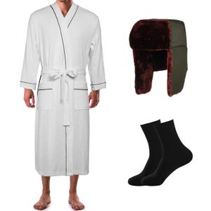 Hillban 3 Pcs Christmas Cousin Costume Men Vacation Outfit Waffle Knit Robe Trapper Hat Crew Sock for Winter Xmas Party