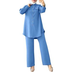 ODIZLI Muslim Long Sleeve Blouse Wide Leg Pants Suits Autumn Solid Abaya Women Matching Sets 2PCS Tracksuits Turkey Kaftan (Blue, M)