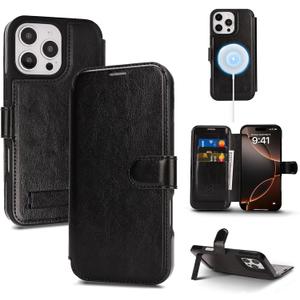 for iPhone 16 Pro Wallet Case with Stand,PU Leather Flip Credit Card Holder Slots (RFID Blocking),Compatible with Magsafe Magnetic Holder Phone Cover Women Men,Black