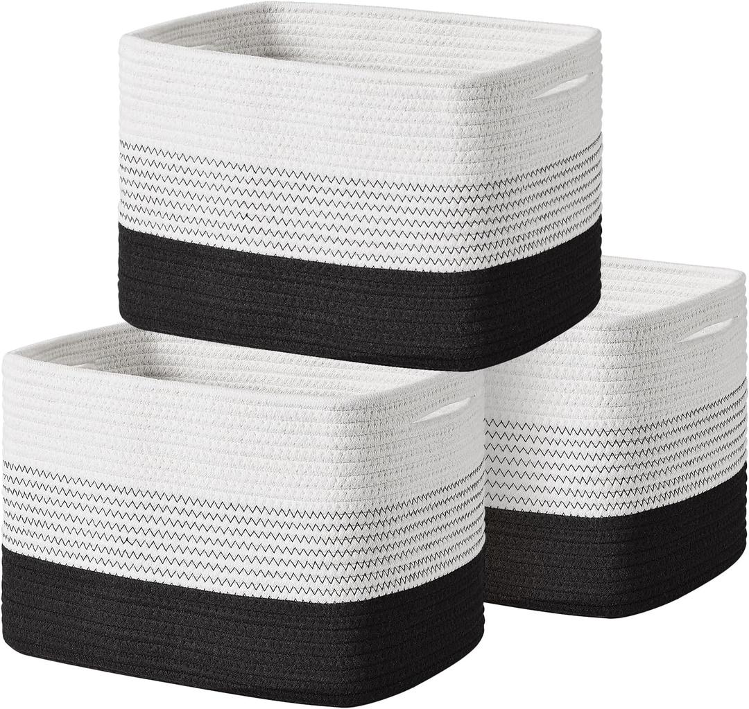 Homsort Woven Rope Basket Set - 12x10x9 Inches Decorative Storage Bins for Home, Laundry (3 Pack White & Black) Handles