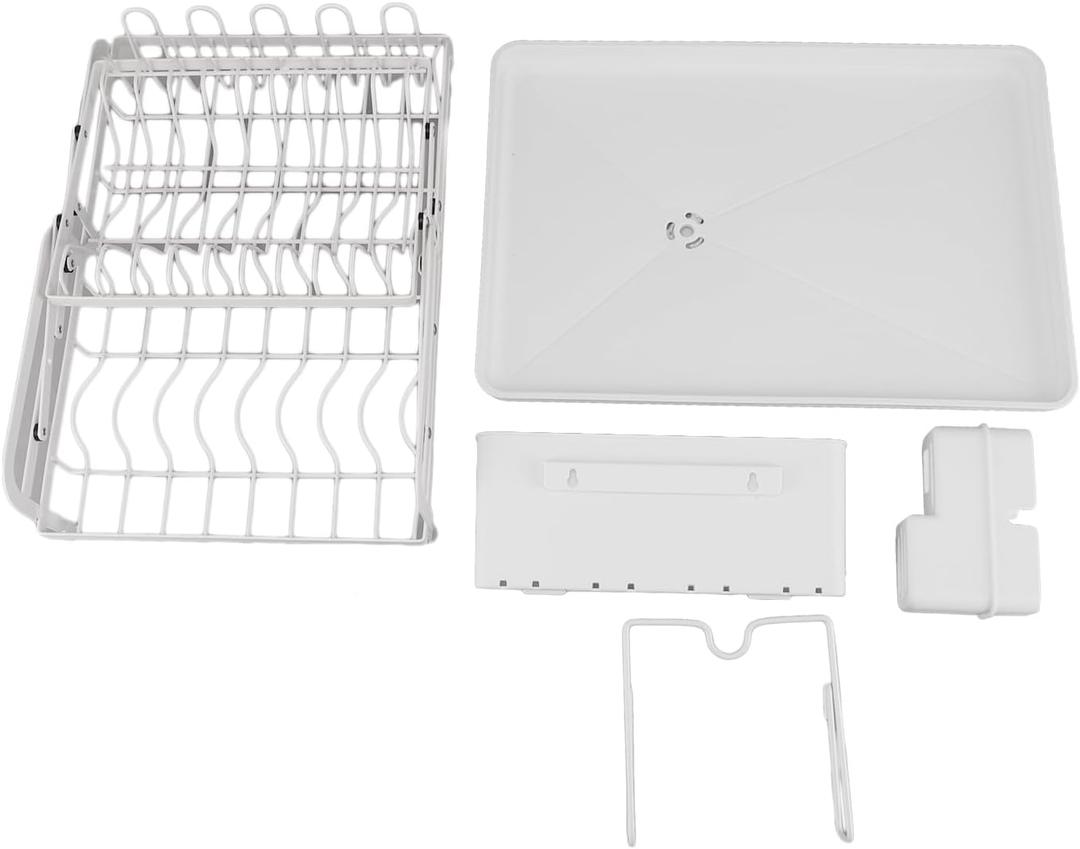 White/Black Dish Drying Rack for Kitchen Counter, Metal Dish Drying Rack with Drainboard, Detachable Multifunctional 2 Tier Dish Drying Rack with Utensil, Cup, Knife, Cutting Board Holder(White)