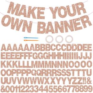 BEISHIDA 116 PCS A-Z Glitter Rose Gold DIY Letter Banner Kit Make Your Own BannerIncluding 111 Letters and Numbers 3 Rope and 2 Threading Device,Customized for Birthday Graduation Wedding Party Decor