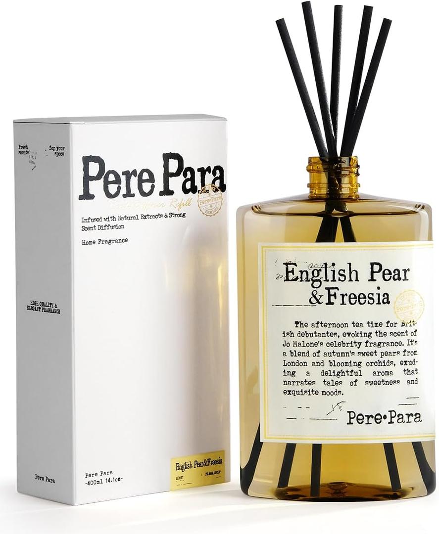 English Pear&Freesia Scent Reed Diffuser Refill 13.53 fl oz with 6 SticksBrighten The Air Luxury Natural Long Lasting Home Fragrance Oil Air Freshener for Living Room and Office